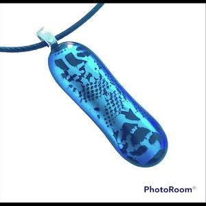 Blue Dichroic Glass Necklace Black Lace